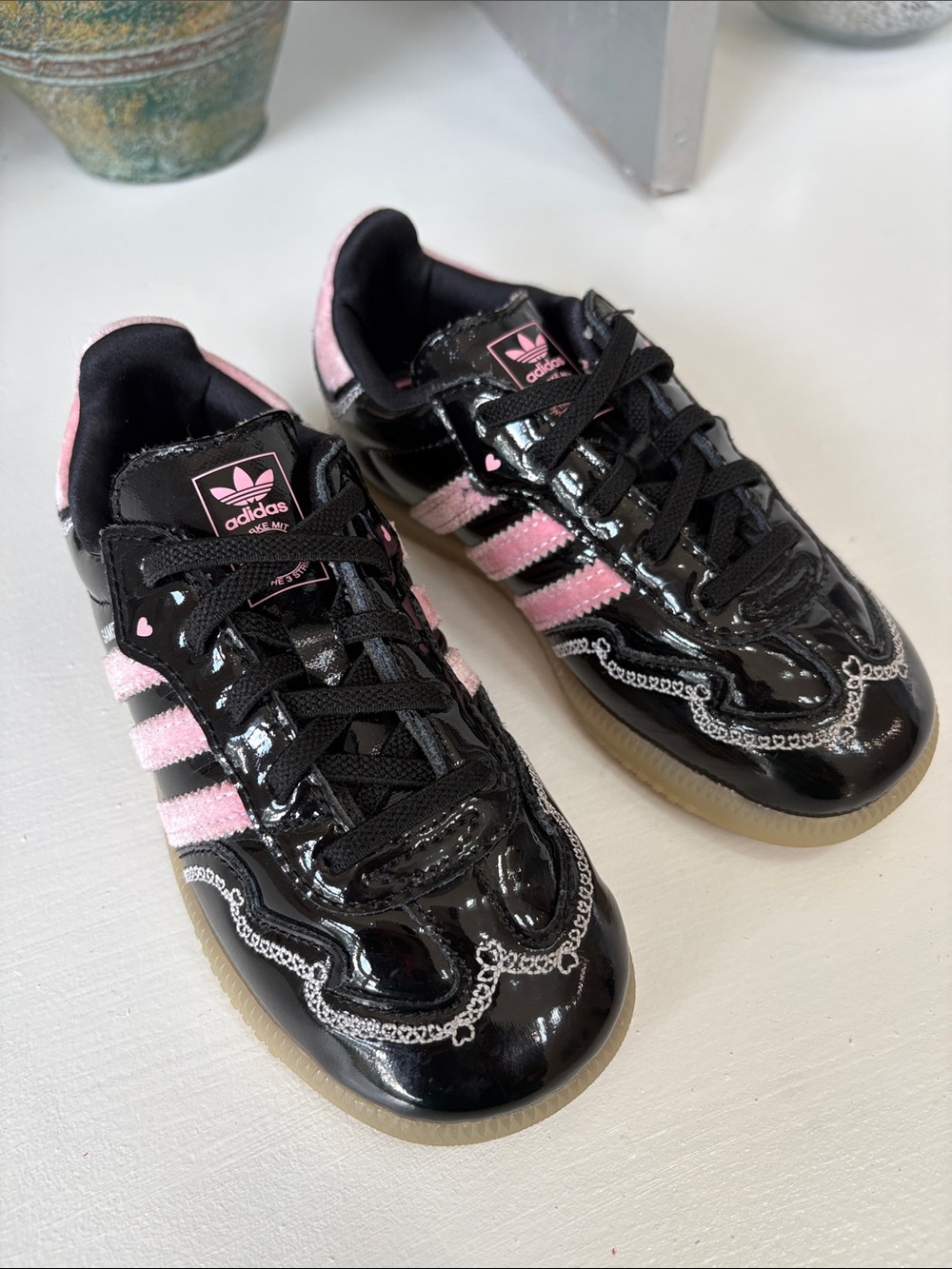 Adidas Kids Black and Pink Patent Sneakers